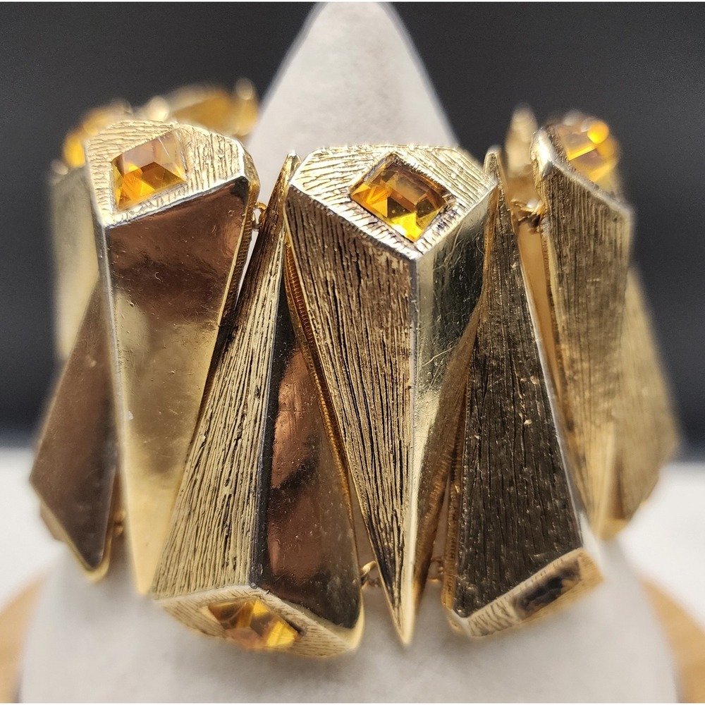 Vintage Brutalist Gold Tone Triangular Link Bracelet Amber Rhinestone 7"
